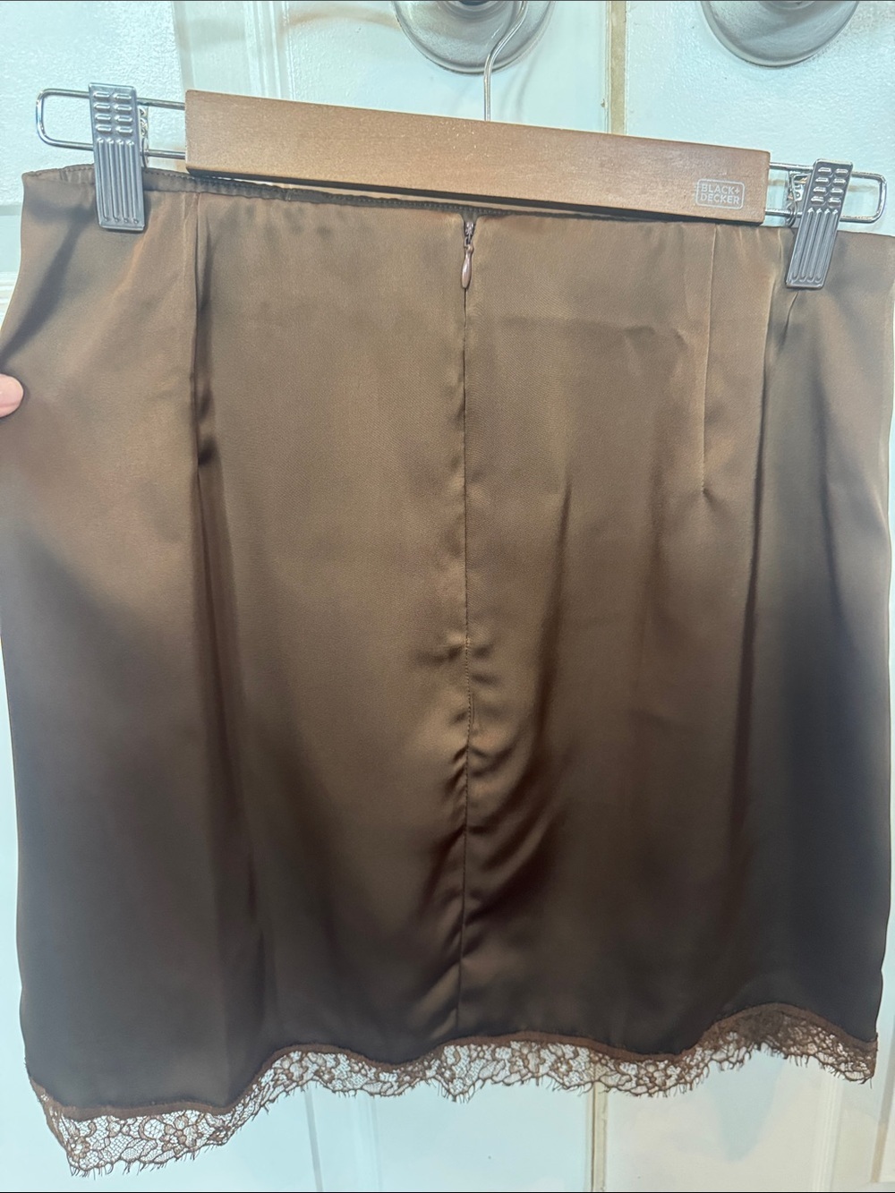 Chocolate Brown Satin Lace Trim Mini Slip Skirt Size Medium - Picture 5 of 5